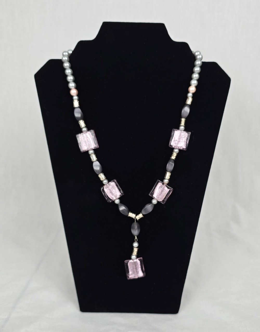 Beaded Stone & Glass 26" Necklace Pink & Gray Tones